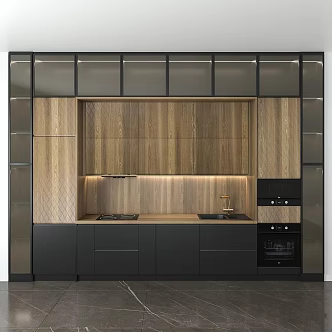 Modern Cabinet Kitchen Countertop Wood Glass Backlight 3d model