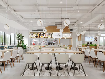 Modern Restaurant Interior With White Chairs Wooden Tables And Round Pendant Lights 3d model
