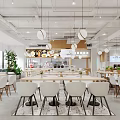 Modern Restaurant Interior With White Chairs Wooden Tables And Round Pendant Lights