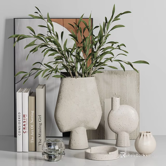 Modern Decorative Ornament Arrangement with Green Plants Ceramic Vases Textured Board and Decorative Books 3d model 