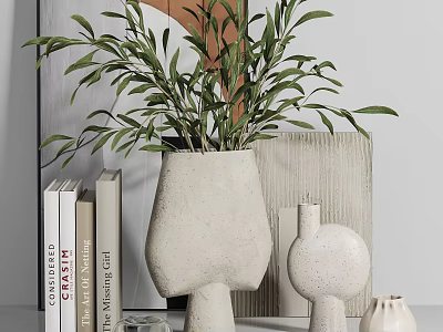 Modern Decorative Ornament Arrangement with Green Plants Ceramic Vases Textured Board and Decorative Books 3d model