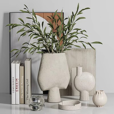 Modern Decorative Ornament Arrangement with Green Plants Ceramic Vases Textured Board and Decorative Books 3d model
