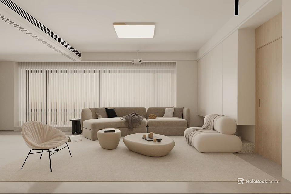 Modern Living Room Interior With Beige Sofa Round Coffee Tables Accent Chair And Window Blinds 3d model 