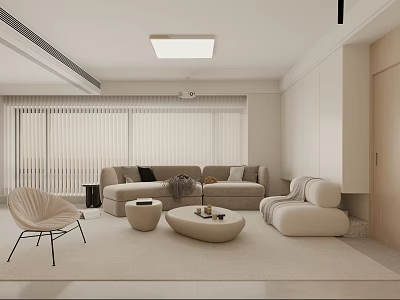 Modern Living Room Interior With Beige Sofa Round Coffee Tables Accent Chair And Window Blinds 3d model