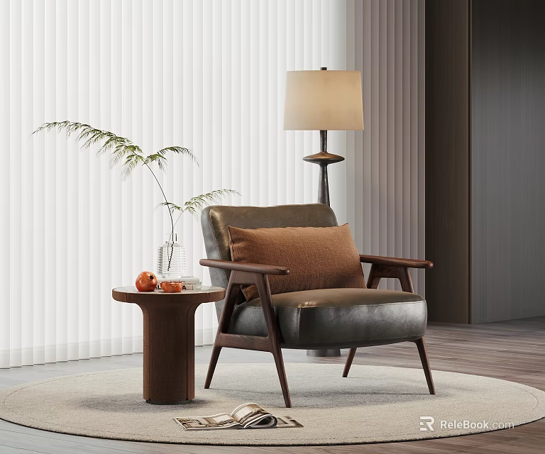 Cozy Single Armchair With Brown Pillow Wooden Side Table And Table Lamp In Modern Living Room 3d model 