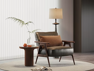 Cozy Single Armchair With Brown Pillow Wooden Side Table And Table Lamp In Modern Living Room 3d model