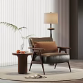 Cozy Single Armchair With Brown Pillow Wooden Side Table And Table Lamp In Modern Living Room