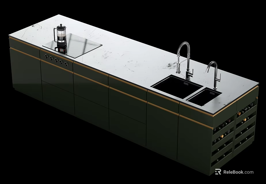 Green Kitchen Cabinets With White Countertop Double Sink Faucet And Wine Rack Design 3d model 
