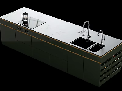 Green Kitchen Cabinets With White Countertop Double Sink Faucet And Wine Rack Design 3d model