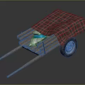 Wooden Wheelbarrow Covered With Red And Black Plaid Cloth And Blue White Items Inside