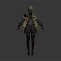 Woman In Stylish Hooded Outfit With Detailed Shoulder Armor Waist Gear And Long Boots