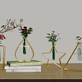 Geometric Golden Vases With Fresh Flowers And Green Leaves On Stacked Books