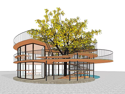 Circular Glass Building Design Surrounding Large Tree With Multi Level Terraces 3d model