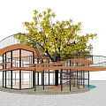 Circular Glass Building Design Surrounding Large Tree With Multi Level Terraces 3d model