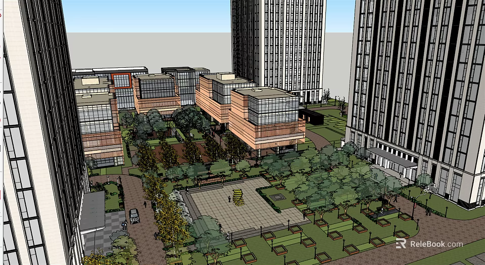 Modern Urban Landscape With High Rise Towers Low Rise Buildings And Green Plaza 3d model 