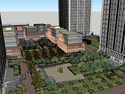 Modern Urban Landscape With High Rise Towers Low Rise Buildings And Green Plaza 3d model