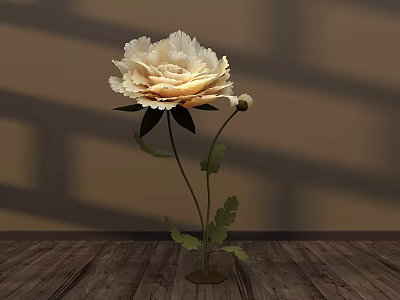 Floral Display With Creamy White Peony Green Leaves On Brown Wall Wooden Floor 3d model