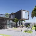 Modern Boutique Guesthouse Building With Palm Trees Greenery And Stone Pathway