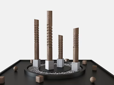 Ornamental Decoration Set Featuring Wooden Columns Black Tray White Pebbles And Wooden Balls 3d model