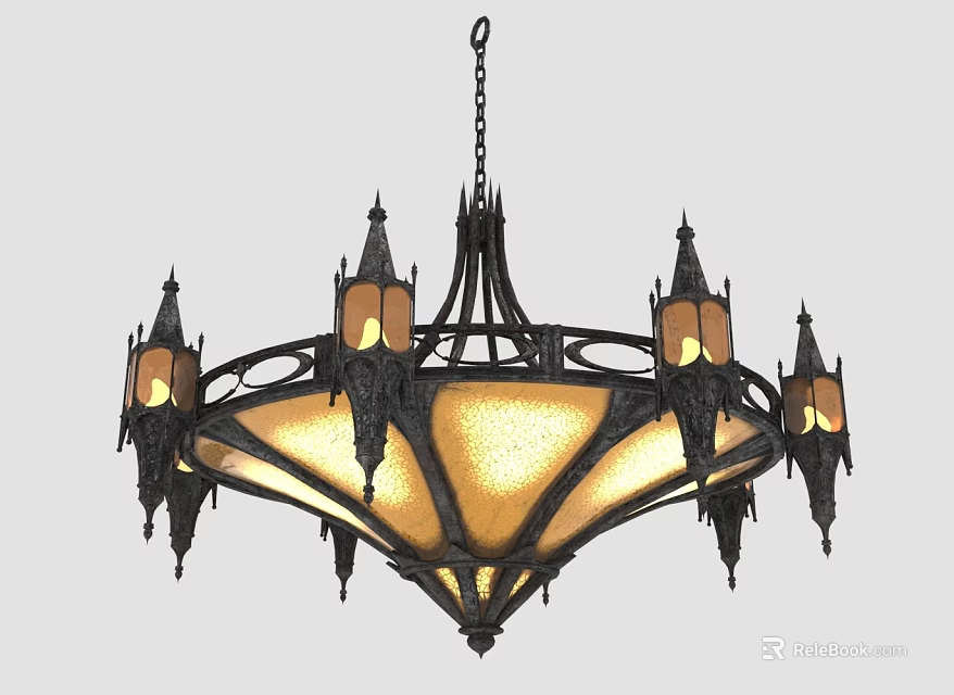 Ornate Gothic Chandelier With Black Metal Frame Yellow Glass Shades And Decorative Spires 3d model 