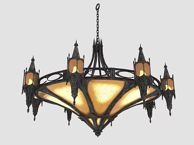 Ornate Gothic Chandelier With Black Metal Frame Yellow Glass Shades And Decorative Spires 3d model
