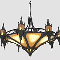Ornate Gothic Chandelier With Black Metal Frame Yellow Glass Shades And Decorative Spires