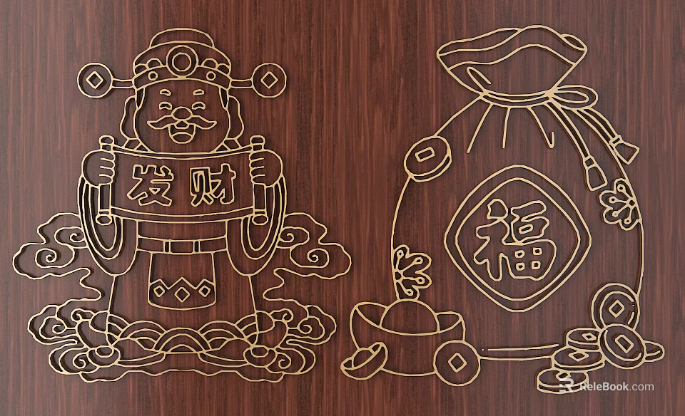 Chinese Traditional Carving with God of Wealth Fortune Character Lucky Bag Gold Ingot on Wood 3d model 