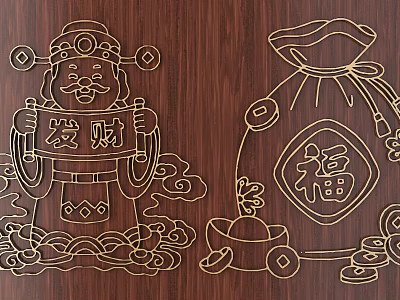 Chinese Traditional Carving with God of Wealth Fortune Character Lucky Bag Gold Ingot on Wood 3d model
