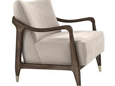 Modern Beige Upholstered Accent Chair With Dark Wood Arms And Metal Legs Design 3d model