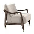Modern Beige Upholstered Accent Chair With Dark Wood Arms And Metal Legs Design