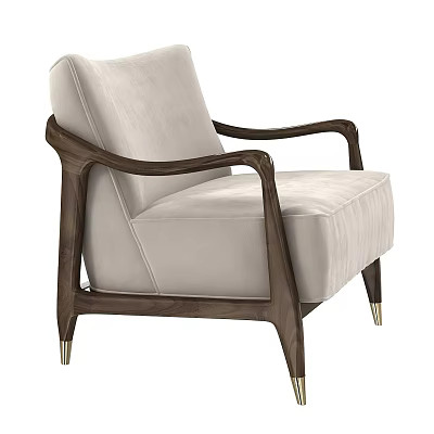 Modern Beige Upholstered Accent Chair With Dark Wood Arms And Metal Legs Design 3d model