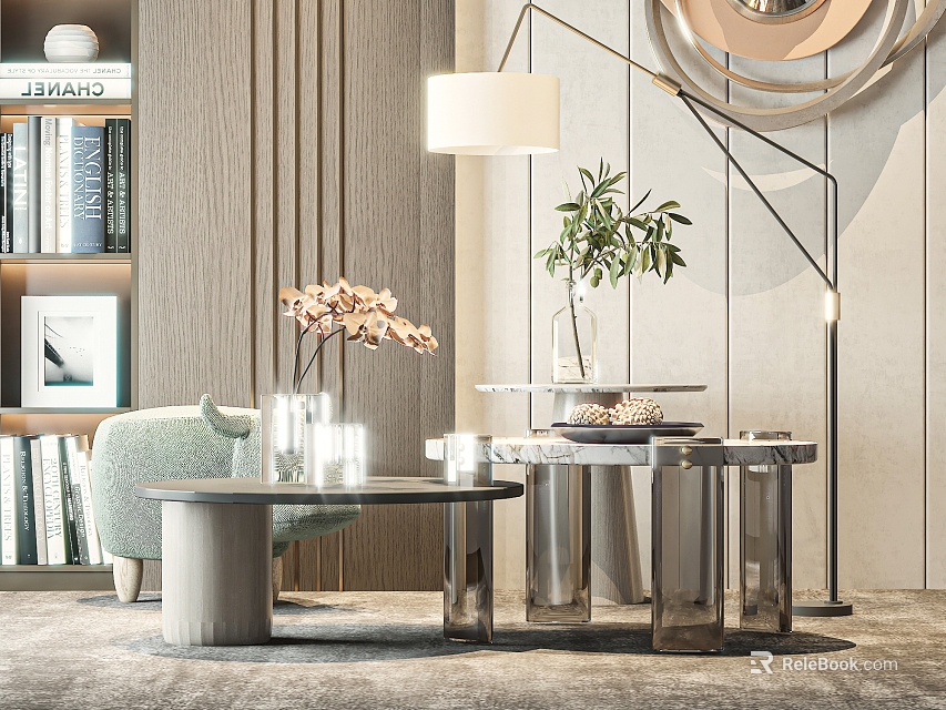 Modern Living Room Nested Coffee Tables With Chrome Legs And Glass Tops Near Floor Lamp 3d model 