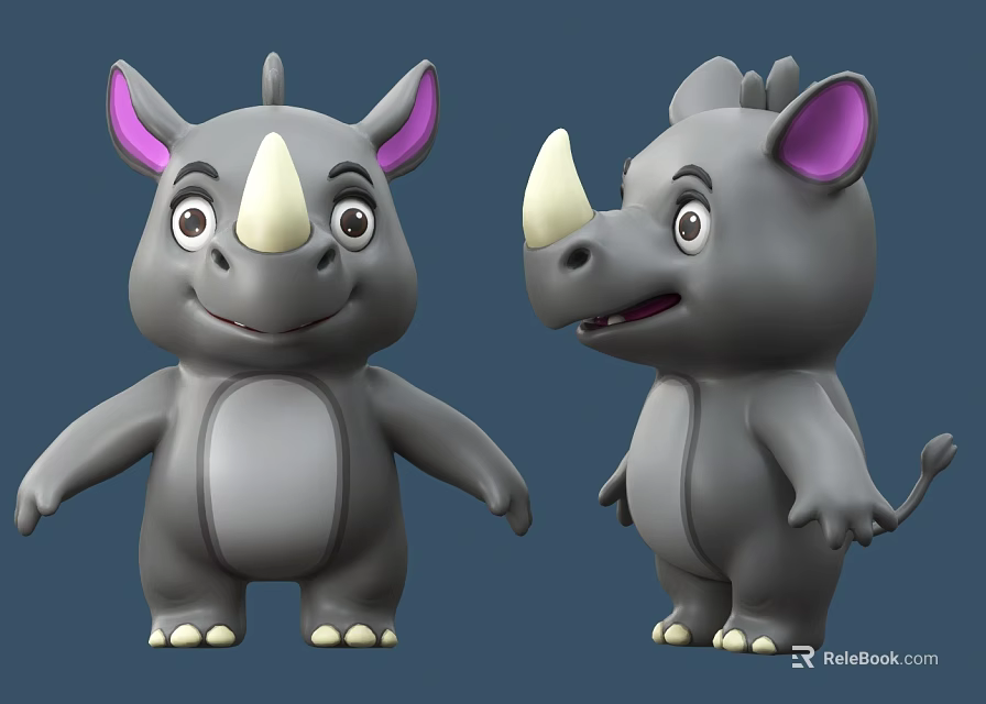 Two Cute Gray Cartoon Rhinos With Purple Ears And White Horns 3d model 