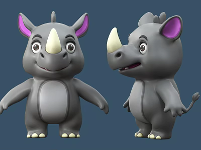 Two Cute Gray Cartoon Rhinos With Purple Ears And White Horns 3d model