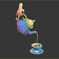 Colorful Ceramic Teapot Being Poured by Hand Into Stylish Teacup with Saucer for Daily Use