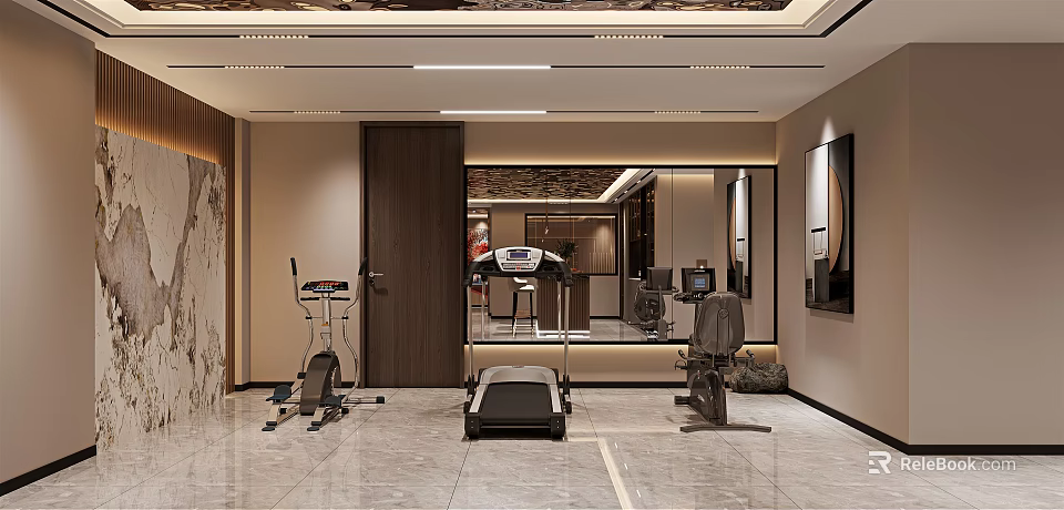 Modern Home Entertainment Room With Treadmill Exercise Bike And Mirror Decor 3d model 