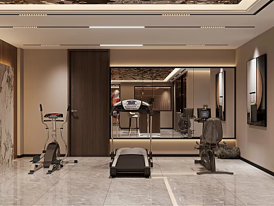 Modern Home Entertainment Room With Treadmill Exercise Bike And Mirror Decor 3d model