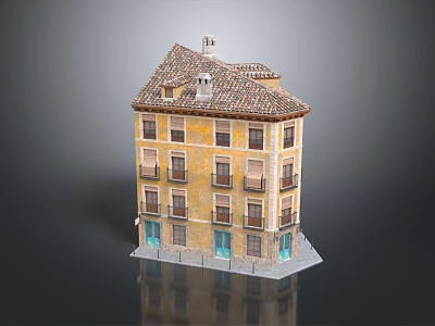 Residential Building With Yellow Facade Brown Roof Multiple Windows Balconies And Chimney 3d model