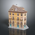 Residential Building With Yellow Facade Brown Roof Multiple Windows Balconies And Chimney