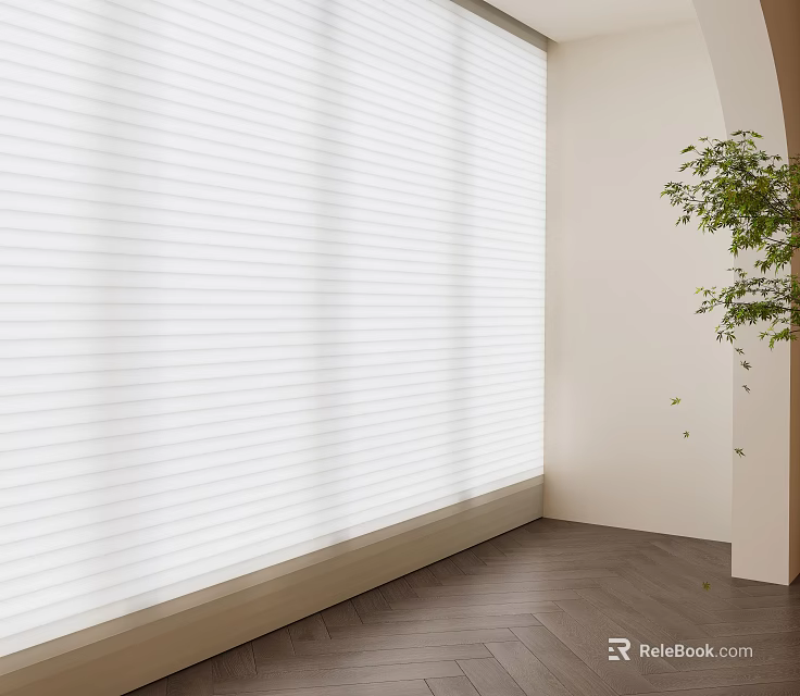 White Light Filtering Blinds In Modern Interior With Wooden Floor And Green Plant 3d model 