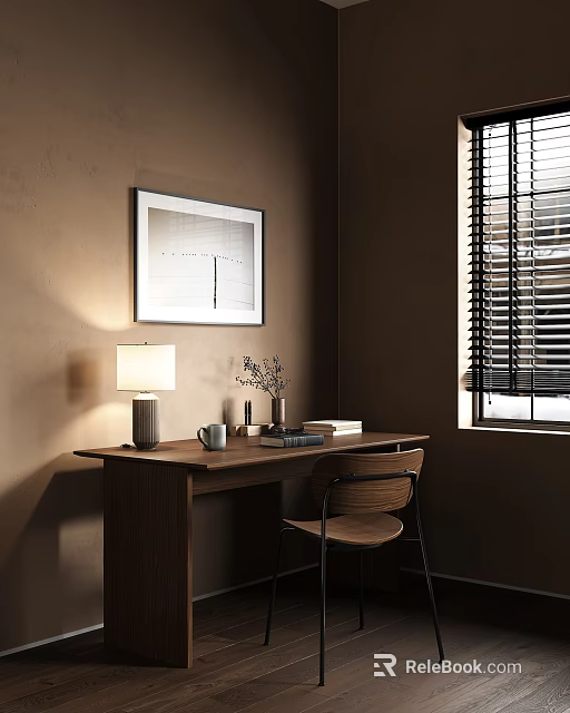 Wooden Desk Setup With Table Lamp Books Chair And Framed Artwork By Window With Blinds 3d model 