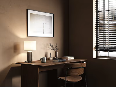 Wooden Desk Setup With Table Lamp Books Chair And Framed Artwork By Window With Blinds 3d model