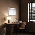 Wooden Desk Setup With Table Lamp Books Chair And Framed Artwork By Window With Blinds