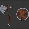 Axe And Shield Weapon With Silver Blade Wooden Handle Red Straps NC Symbol Silver Rim