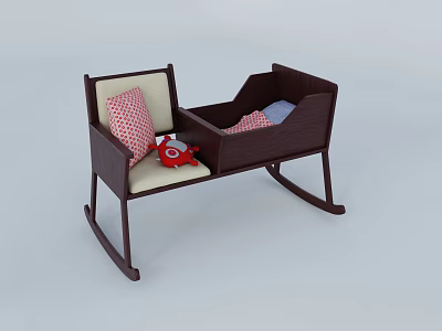 Children's Rocking Bed with Wooden Frame Light-Colored Mattress Red Toy and Pink Pillow 3d model