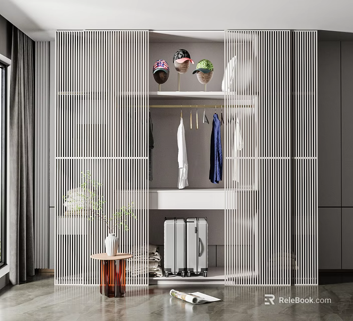 Modern Wardrobe Interior Design With Open Hanging Space Shelves And Decorative Accents 3d model 
