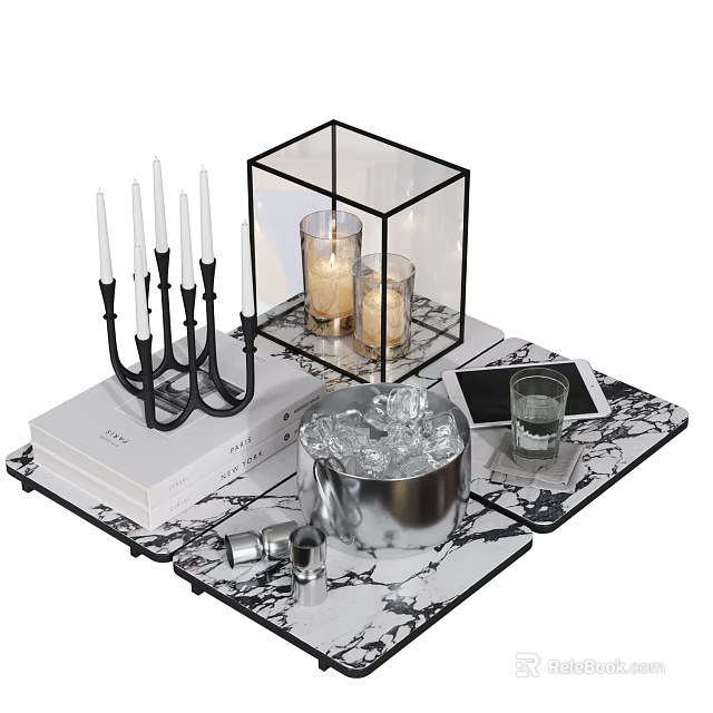 Elegant Decorative Ornament Set with Candelabra Glass Cloche Candles Ice Bucket Marble Tray and Books 3d model 