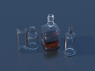 Transparent Glass Wine Bottle With Brown Liquid And Different Shaped Glassware On Dark Background 3d model