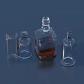 Transparent Glass Wine Bottle With Brown Liquid And Different Shaped Glassware On Dark Background