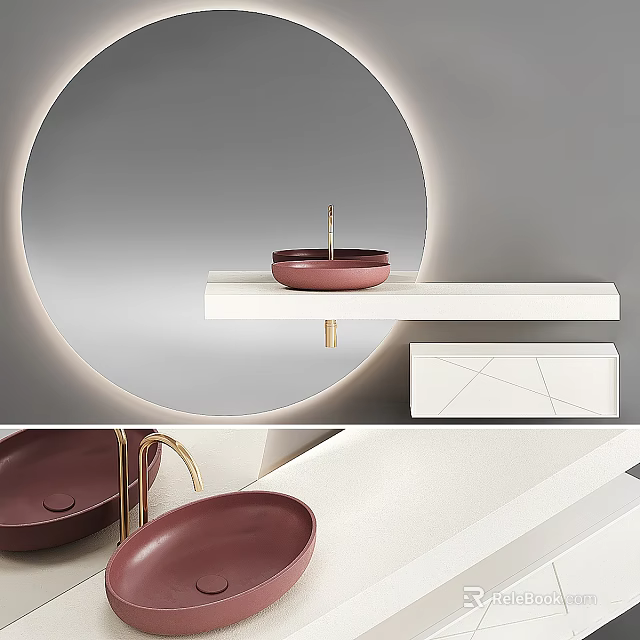 Modern Bathroom Washbasin Design With Red Ceramic Basin Gold Faucet And Backlit Circular Mirror 3d model 